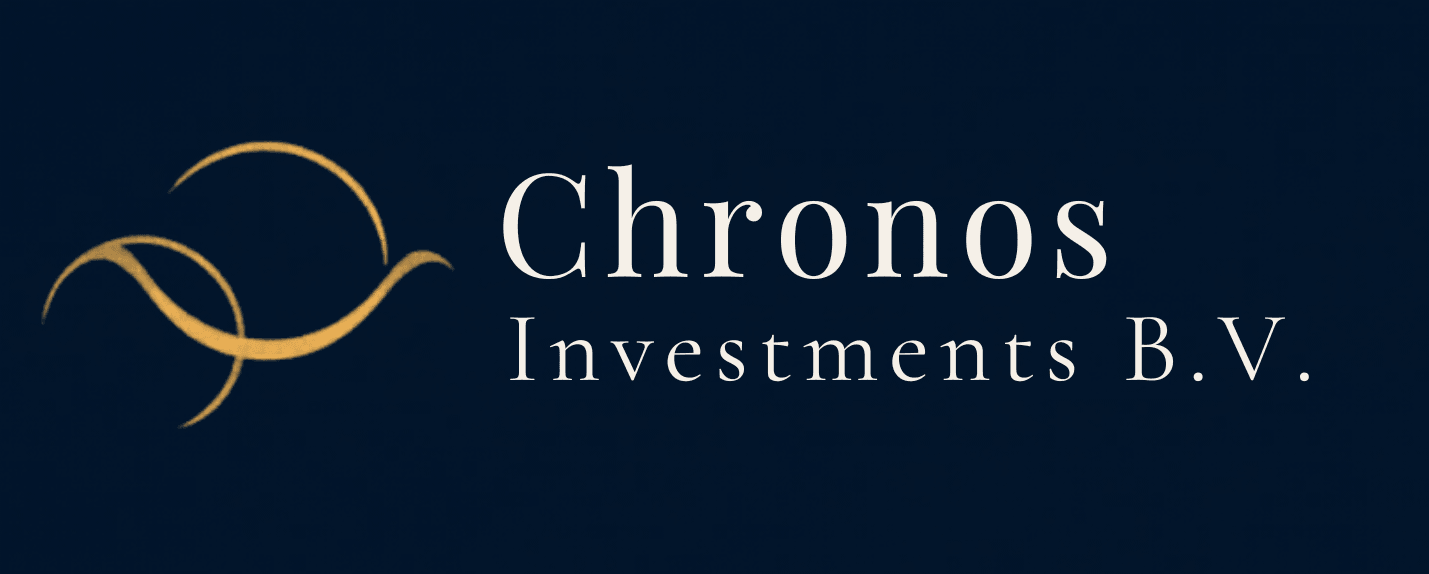 Logo Chronos Investments B.V. – gouden vloeiende lijnen op donkerblauwe achtergrond